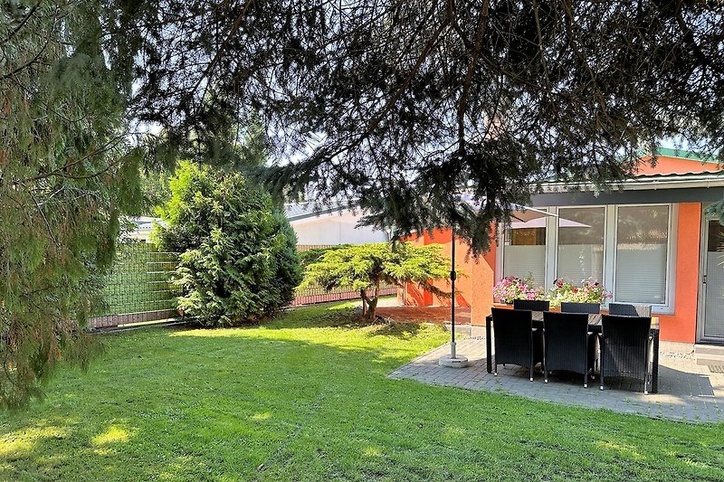 Ferienhaus mit Garten, Bäumen, Rasen und schöner Landschaft.